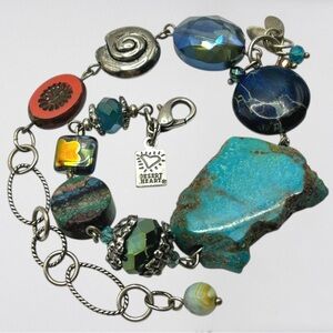 Desert Heart Bracelet Chunky Turquoise Agate Stone Silver Plated Boho Jewelry